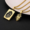 Two gold pendants on chains against a black background